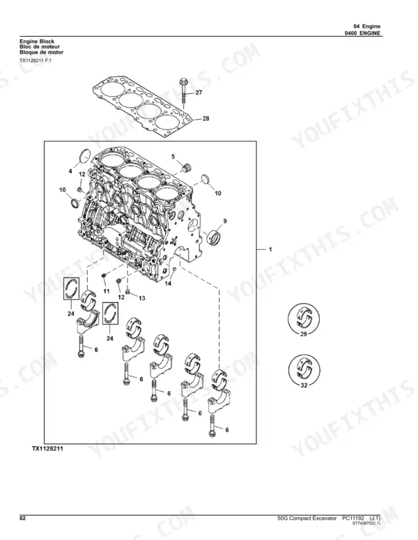 john-deere-50g-compact-excavator-parts-catalog-pc11192-engine-parts-82.webp John Deere 50G engine block exploded view showing cylinder block, main bearings, caps, bolts, and head gasket components.