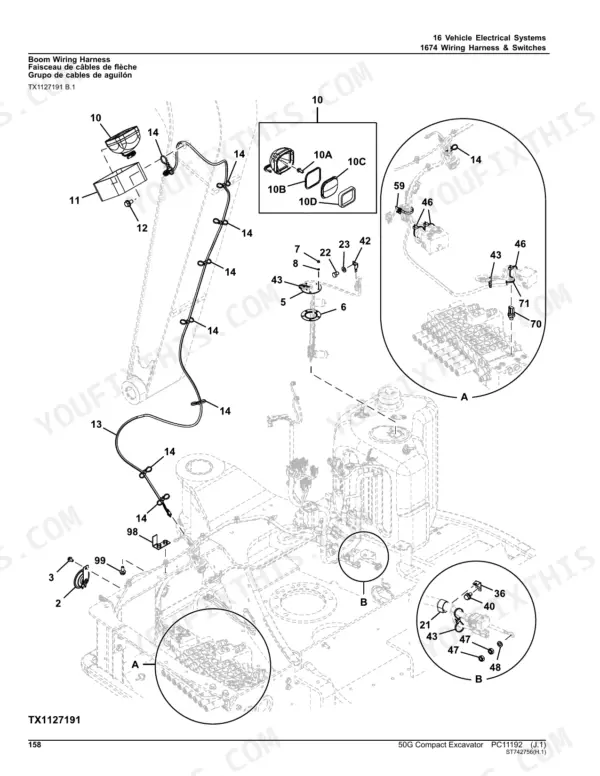 John Deere 50G boom wiring harness exploded view diagram showing light assembly, electrical connectors, and routing components.