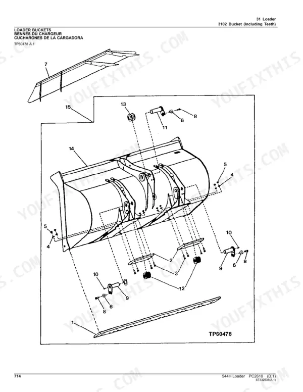John Deere 544H loader bucket exploded view diagram showing bucket, cutting edge, pins, bushings, and hardware components.