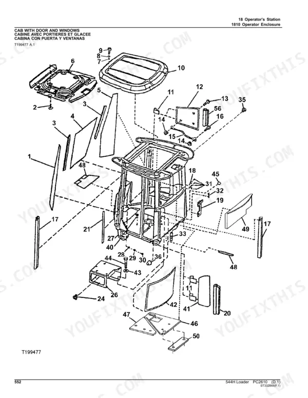 John Deere 544H exploded view diagram of operator station cab with door, windows, and interior trim components.