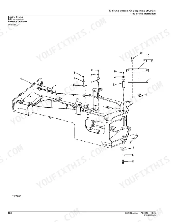 John Deere 544H exploded view diagram of the engine frame and chassis installation components with numbered parts list.
