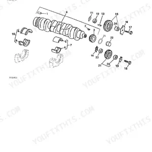 John Deere 544H exploded view diagram of engine crankshaft, gears, and main bearings with numbered component parts list.