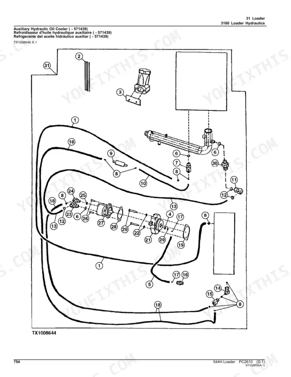 John Deere 544H exploded view diagram of the auxiliary hydraulic oil cooler, hoses, fittings, and pump mounting components.