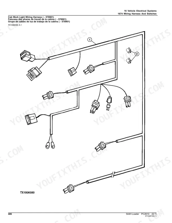 John Deere 544H cab work light wiring harness diagram showing connectors, terminals, and routing paths.