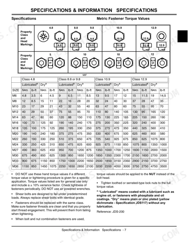 john-deere-54d-variants-commercial-consumer-equipment-technical-manual-tm1763-torque-11.webp John Deere 54D, 60D, 62D, 72D, 54, 60, 72, 261, 272, 31B, 74, 84, 26, 51, 47, 59, 72-Inch Mid Mount, 51-Inch Brooms, iMatch AutoHitch, AutoConnect metric fastener torque values table for bolt and nut classes.