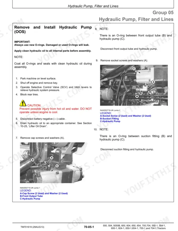 John Deere 550–704 Series hydraulic pump removal steps.