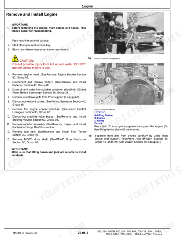 John Deere 550–704 Series engine removal procedure.