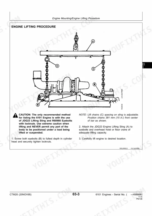John Deere 6101 engine lifting procedure diagram showing JDG23 lifting sling, R60980 eyebolts, and chain positioning.