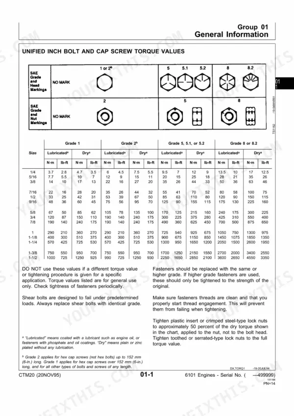 John Deere 6101 torque chart for unified inch bolts and cap screws, showing SAE grade markings and lubricated versus dry values.