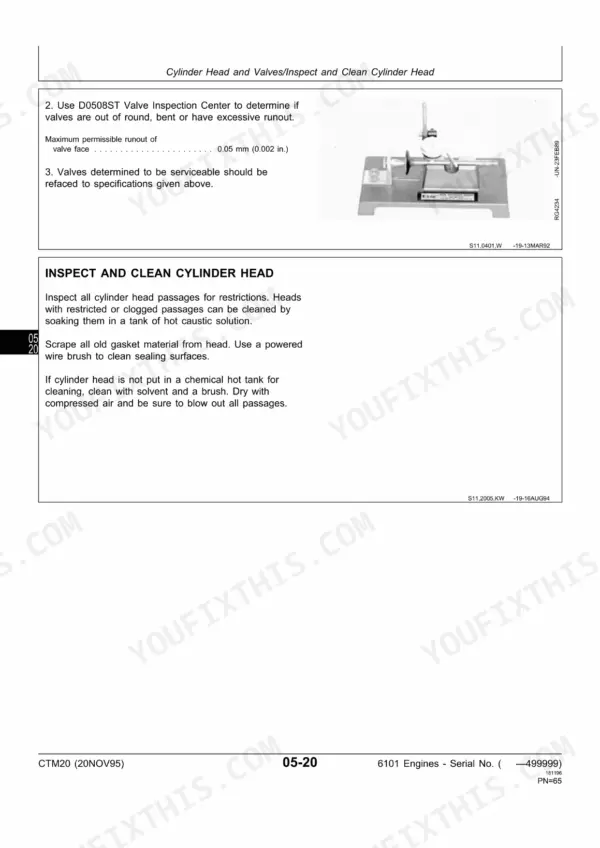 john-deere-6101-diesel-engine-technical-manual-ctm20-troubleshooting-65.webp John Deere 6101: Procedures to inspect and clean cylinder head and check valve runout using D0508ST inspection center.