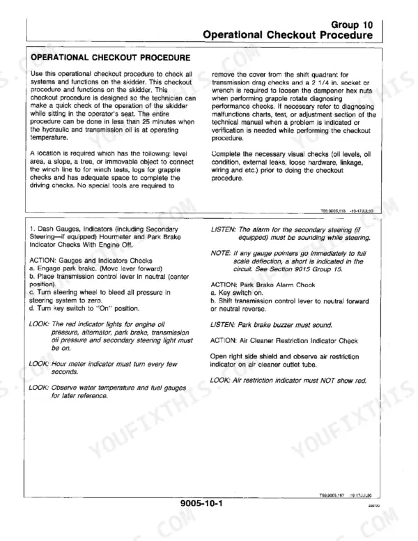 John Deere 640D Skidder, 648D Grapple operational checkout procedure for gauges, indicators, and park brake alarm.