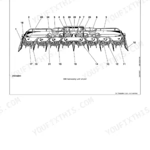John Deere 686, 688 component location diagram for the rotary harvesting unit, showing numbered parts identification.