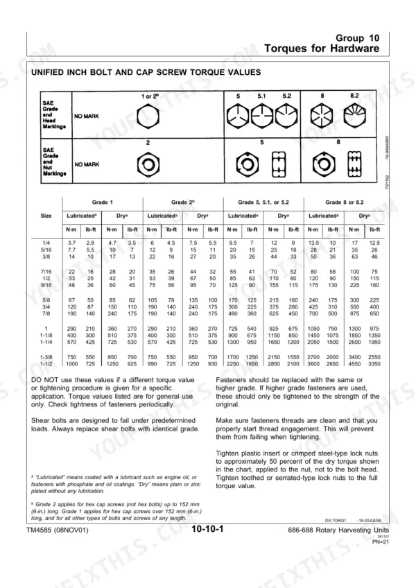 John Deere 686, 688 torque chart for unified inch bolts and cap screws showing SAE grade markings and lubricated or dry values.