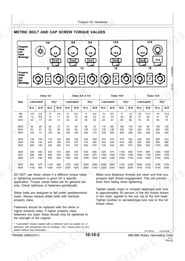 John Deere 686, 688 technical manual page showing metric bolt and cap screw torque values table for classes 4.8 to 12.9.