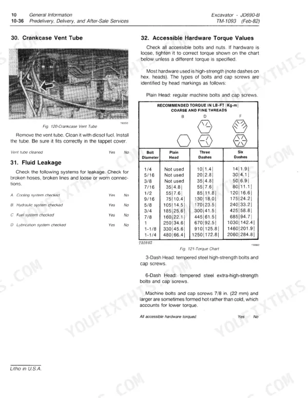 John Deere 690B, JD690-B manual page showing crankcase vent tube, fluid leakage inspection, and accessible hardware torque chart.