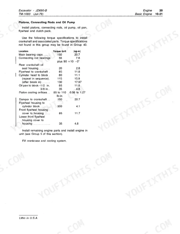 John Deere 690B, JD690-B engine torque specifications table for pistons, connecting rods, crankshaft, and oil pump components.