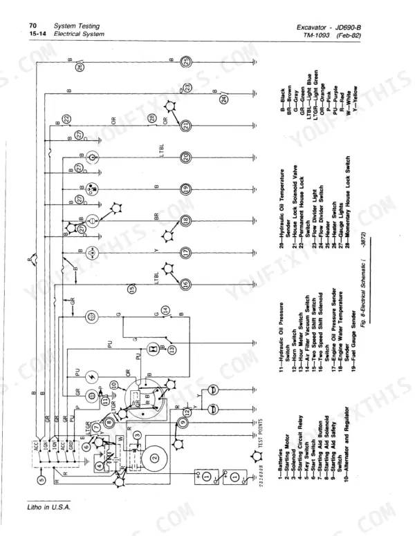 john-deere-690b-excavator-technical-manual-tm-1093-wiring-476.webp John Deere 690B, JD690-B electrical system schematic showing wiring diagram and component legend for excavator circuits.