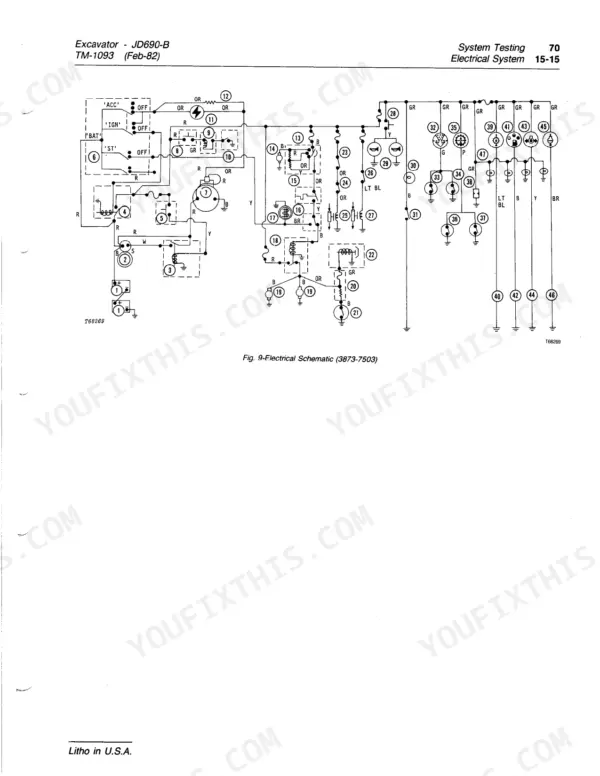 John Deere 690B, JD690-B electrical schematic diagram showing system testing wiring connections and component numbering.
