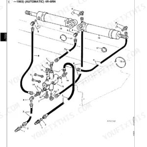 John Deere 7200, 7300, 7240, 7340 exploded view of the automatic marker hydraulic system showing cylinders, hoses, and valve.