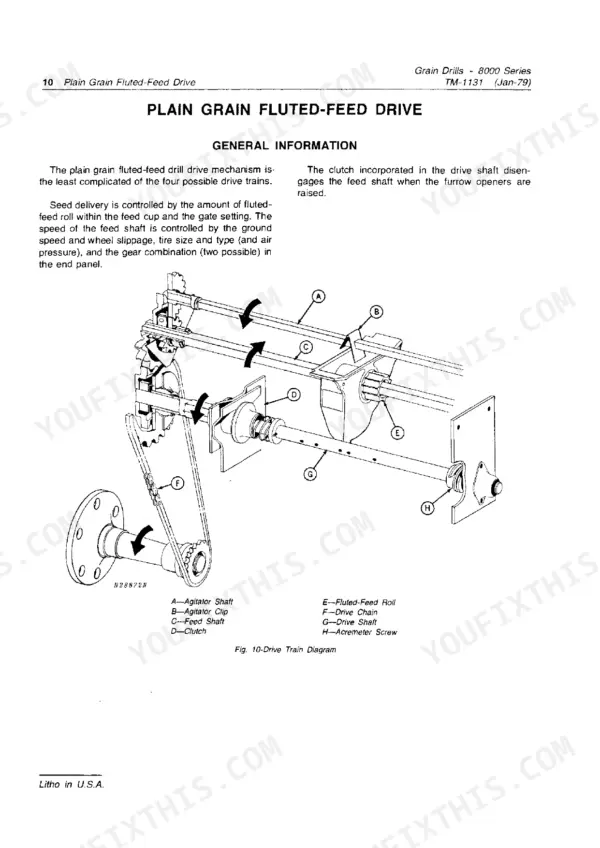 John Deere 8000 Series Grain Drill plain grain fluted-feed drive train diagram showing agitator, feed shaft, and clutch.