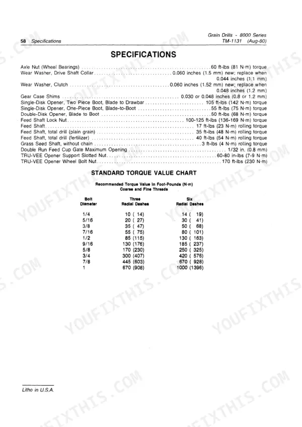 John Deere 8100, 8200, 8250, 8300, 8350, 8000 grain drill specifications, component torque settings, and standard bolt torque value chart.