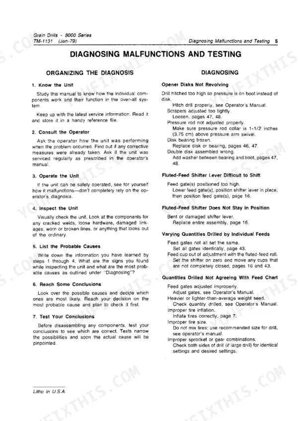 John Deere 8100, 8200, 8250, 8300, 8350, 8000 grain drill troubleshooting guide for opener disks, feed shifters, and seed quantity issues.
