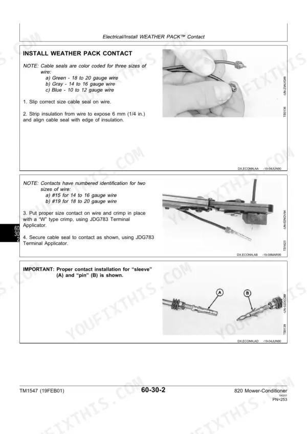 John Deere 820 Mower-Conditioner: Weather Pack contact installation procedure, wire stripping, crimping, and sleeve/pin identification.