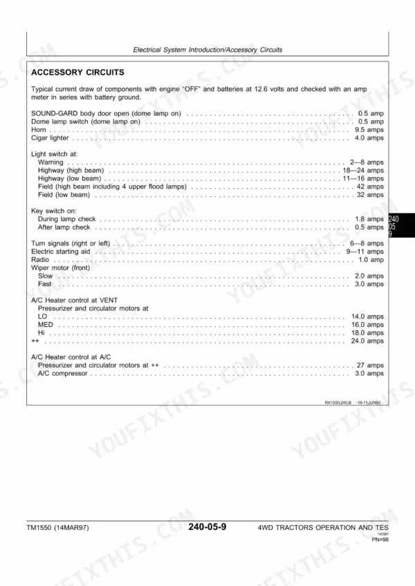 john-deere-8570-8770-8870-8970-4wd-tractor-service-manual-tm1550-wiring-112.webp John Deere 8570, 8770, 8870, 8970 accessory circuits table showing electrical current draw for lights, wipers, and A/C components.