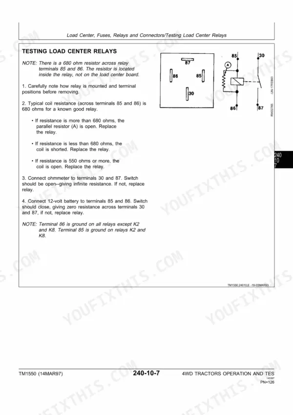 John Deere 8570, 8770, 8870, 8970 service manual page showing testing procedures and circuit diagram for load center relays.