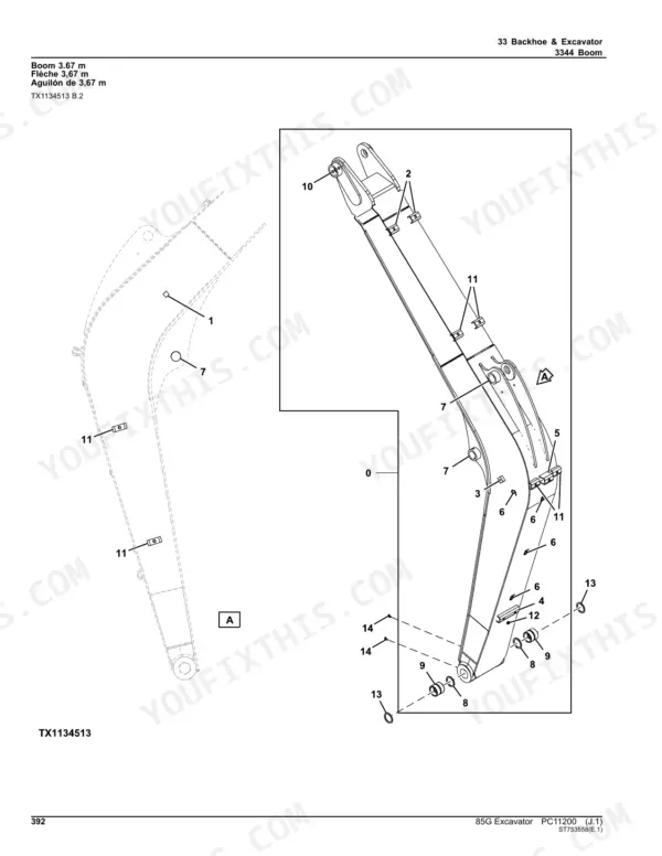 John Deere 85G exploded view diagram of the 3.67m boom assembly showing numbered components, bushings, and mounting hardware.