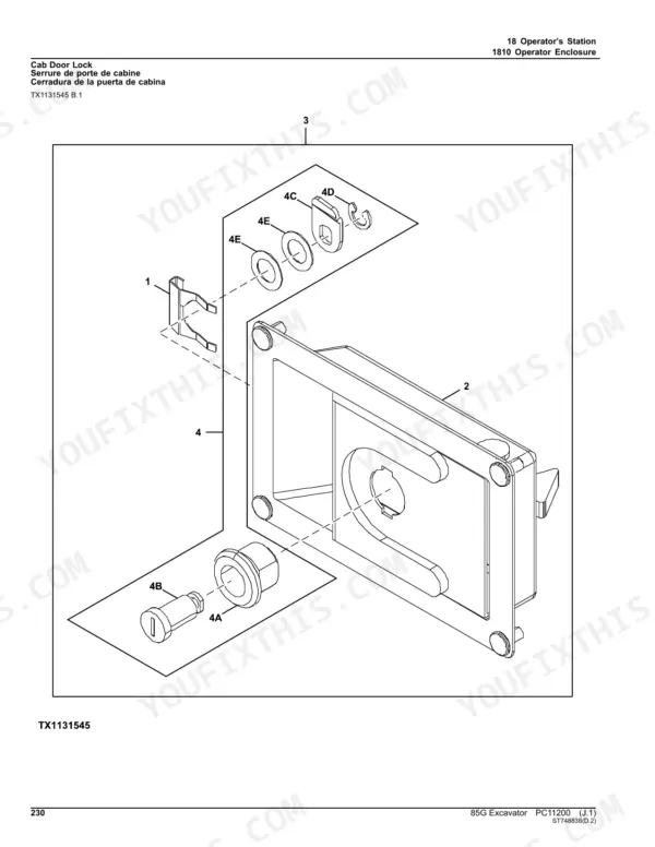 John Deere 85G excavator exploded view diagram of the cab door lock assembly and internal locking components.