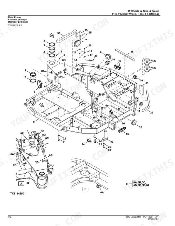 John Deere 85G exploded view diagram of main frame chassis components, seals, and fasteners for wheels and tracks.