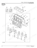 John Deere 85G exploded view of engine cylinder block, main bearings, and head bolts.