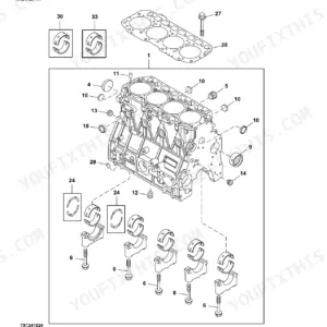 John Deere 85G exploded view of engine cylinder block, main bearings, and head bolts.