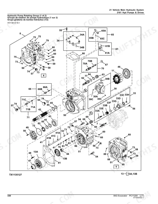 John Deere 85G hydraulic pump rotating group exploded view showing pump housing, drive shaft, pistons, and internal components.
