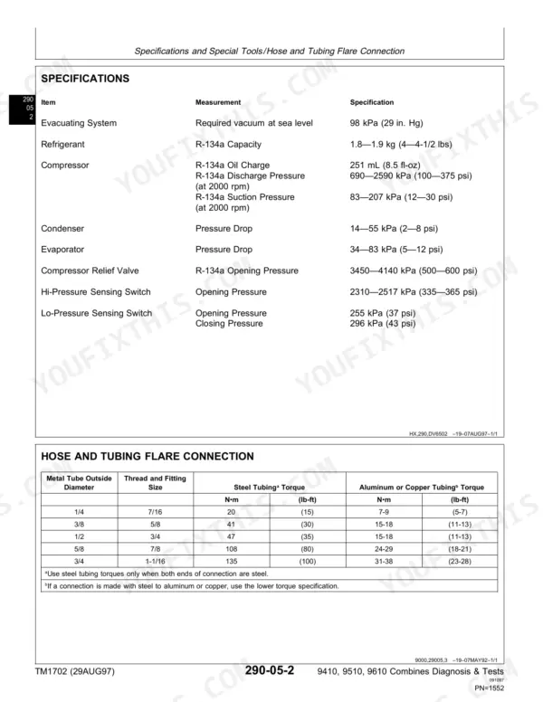 John Deere 9410, 9510, 9610 air conditioning system specifications and hose and tubing flare connection torque tables.