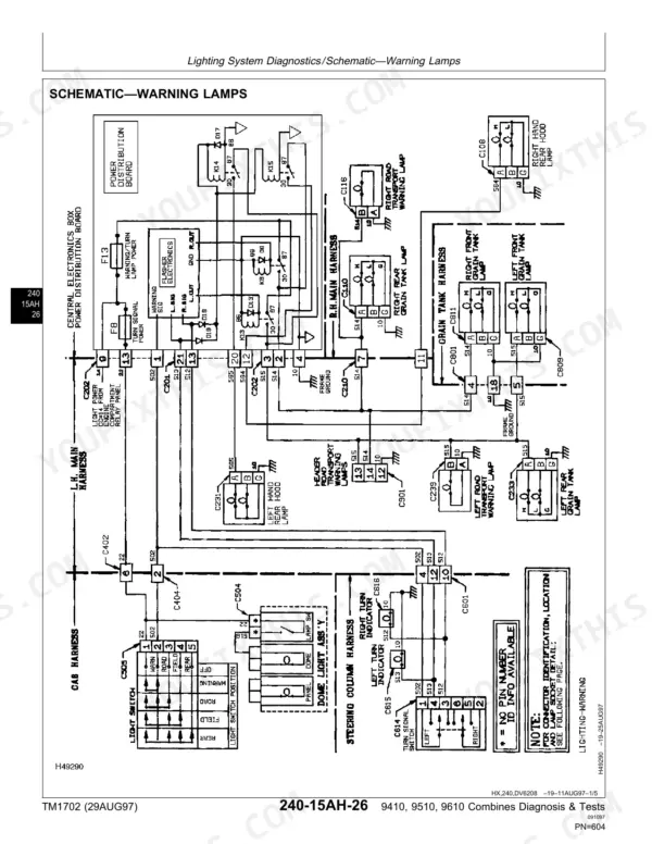 John Deere 9410, 9510, 9610 wiring diagram for warning lamps, showing harness connections, relays, and lighting system components.