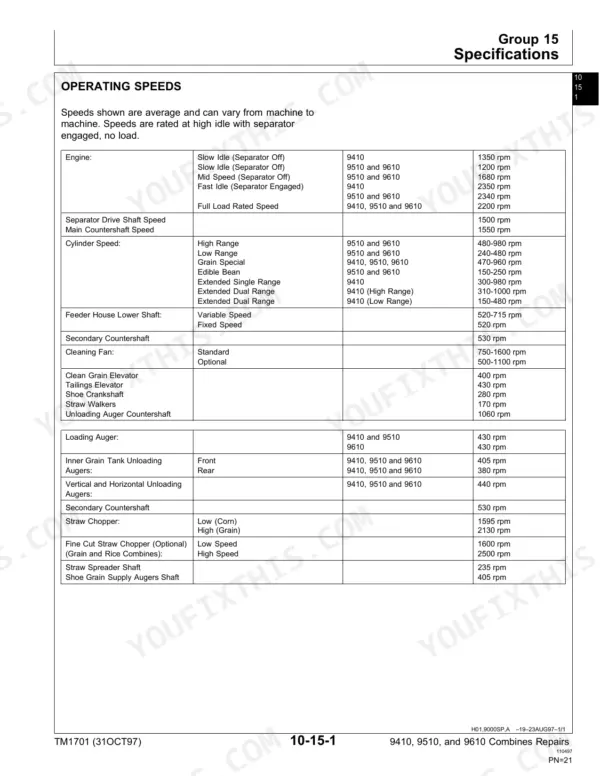 John Deere 9410, 9510, 9610 combine specifications table listing engine, cylinder, fan, and auger operating speeds in RPM.