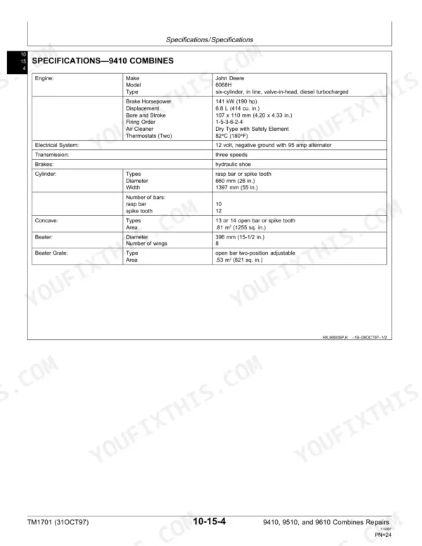 john-deere-9410-9510-9610-combine-repair-manual-tm1701-specifications-26.webp John Deere 9410, 9510, 9610 combine technical specifications table for engine, cylinder, concave, and beater components.