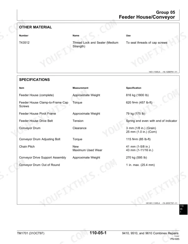 John Deere 9410, 9510, 9610 feeder house and conveyor specifications table including weights, torque, and clearance settings.