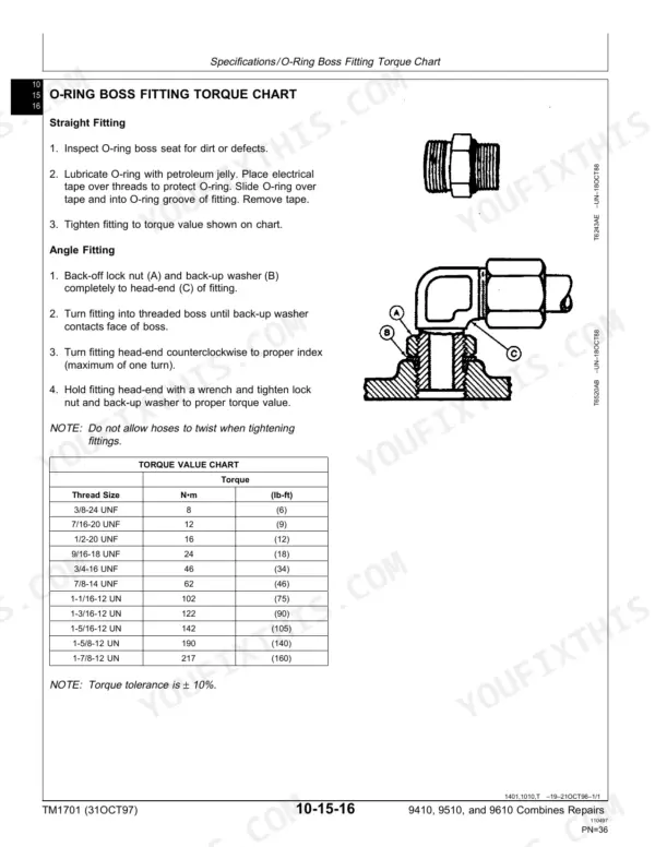 John Deere 9410, 9510, 9610 O-ring boss fitting installation procedures, diagrams, and torque specification chart.