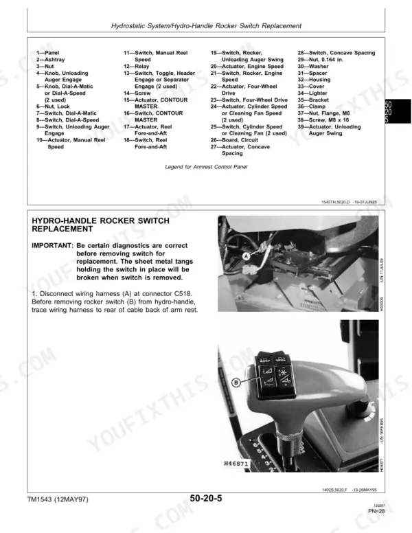 John Deere CTS Rice: Hydro-Handle rocker switch replacement procedure, armrest control panel parts list, and wiring photos.