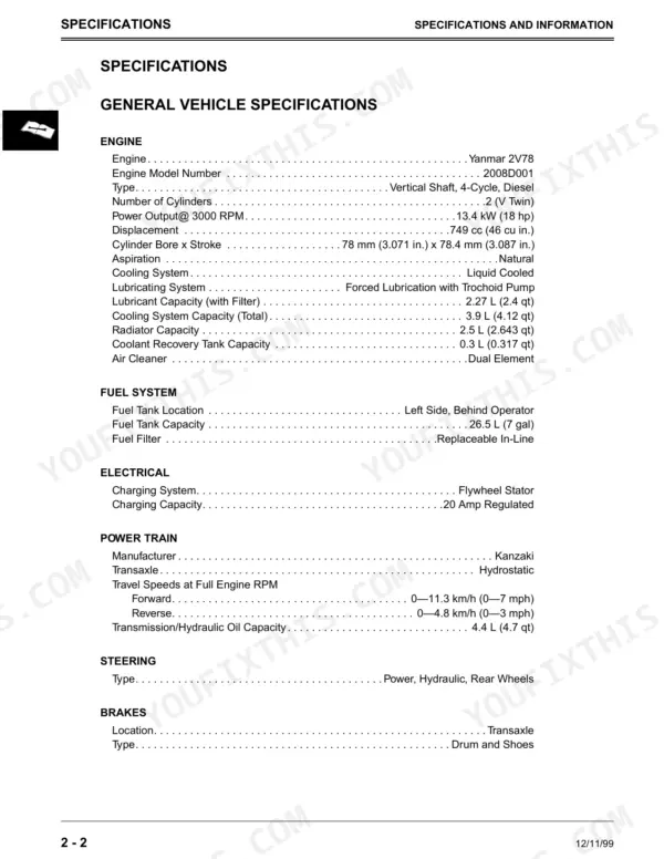 John Deere F735 general vehicle specifications table for engine, fuel, electrical, power train, steering, and brake systems.