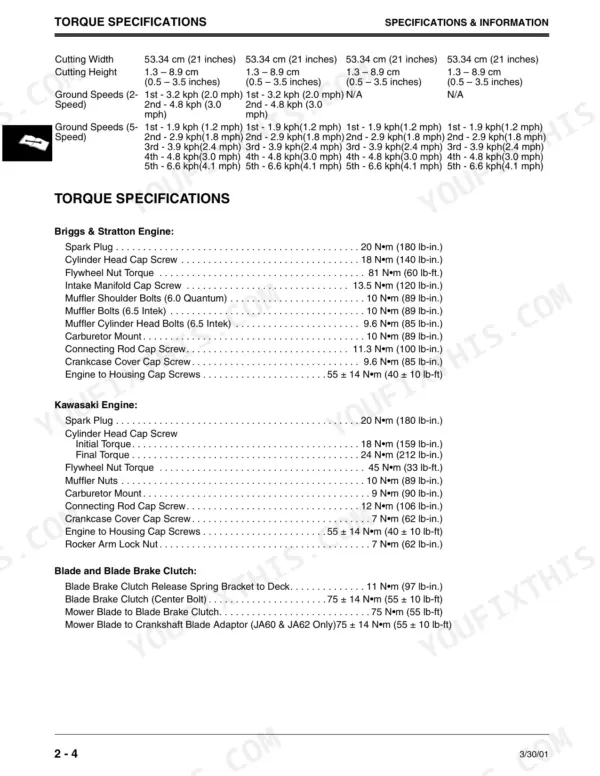 John Deere JA60–JX85 mower specifications table and engine torque values for Briggs and Kawasaki.