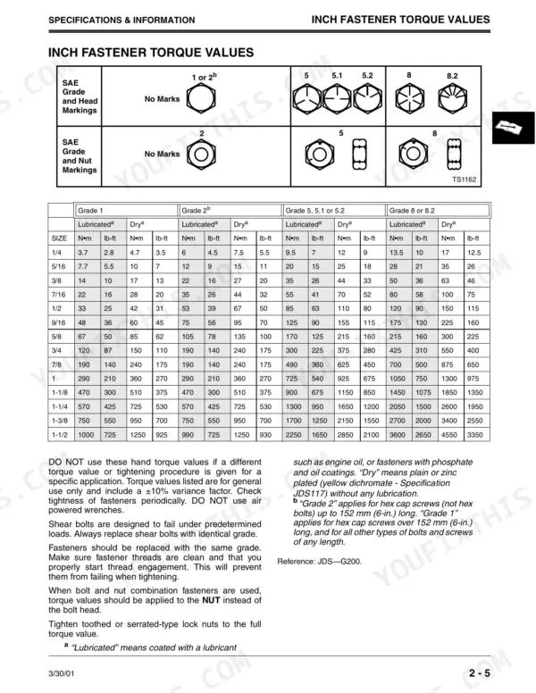 John Deere JA60–JX85 inch fastener torque values table for SAE grades 1, 2, 5, and 8 bolt markings.