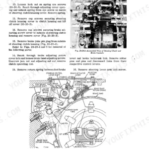 John Deere JD450 steering clutch and brake control removal procedures, assembly diagram, and exploded view components.