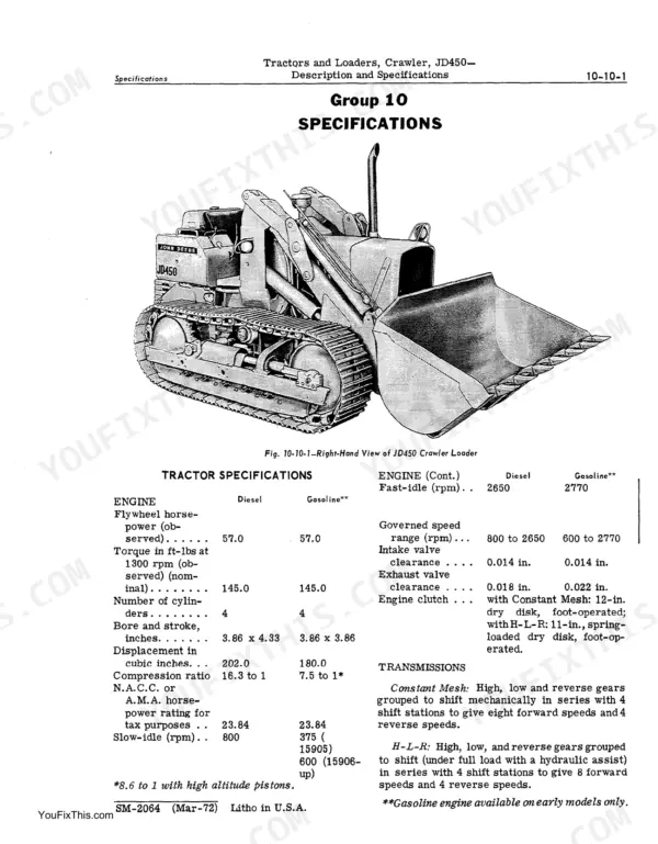 John Deere JD450 crawler loader specifications table covering engine, transmission, and valve clearance data.