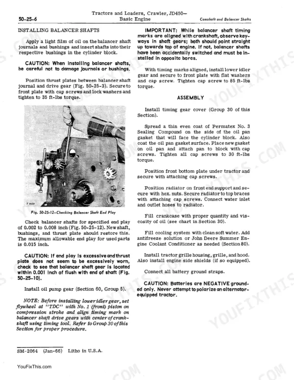 John Deere JD450 service manual page showing balancer shaft installation, end play checking procedure, and engine assembly steps.