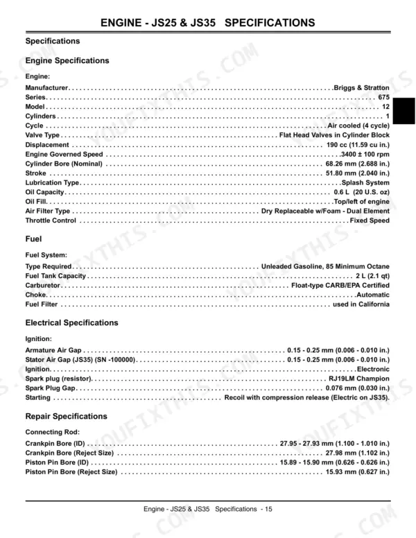 John Deere JS25, JS35, JS45 engine specifications table including fuel, electrical, and repair data for Briggs & Stratton engines.