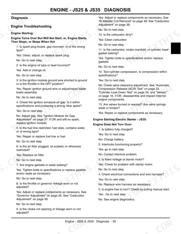 John Deere JS25, JS35, JS45 engine troubleshooting guide for starting issues and electric starter diagnosis.